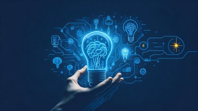 Hand Holding Light Bulb and Smart Brain with Innovation Icon Network Connection on Dark Blue City Background for Science and Industrial Applications