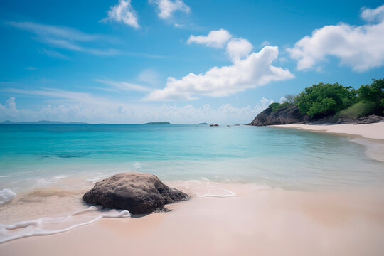Praia paradisíaca com areia branca, mar azul turquesa e céu com nuvens