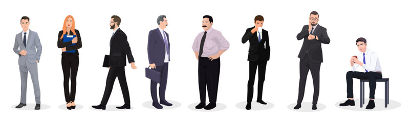 Set of business people. Collection of diverse office staff isolated on white background. Men and woman various characters and body type. Manager wearing in black suit and tie. Flat Vector illustration
