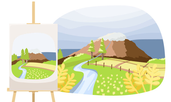 Artist painted summer time landscape with Mountain River. Painter drawing outdoor. Drawn picture with green lawn yellow flowers. Painting with brush and watercolor on canvas easel. Vector illustration