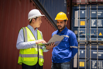 Engineer manager and foreman using laptop computer control or check inventory details of containers box, worker checking quantity of product in containers.