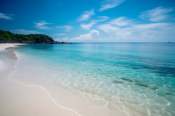 Fototapeta na wymiar Praia paradisíaca com areia branca, mar azul turquesa e céu com nuvens
