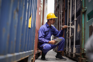 Fototapeta na wymiar Asian male foreman using tablet control or check inventory details of containers box, worker checking quantity of product in containers.