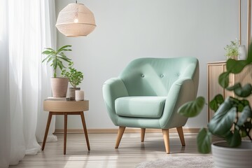 cozy living room with a comfortable chair and a green potted plant. Generative AI