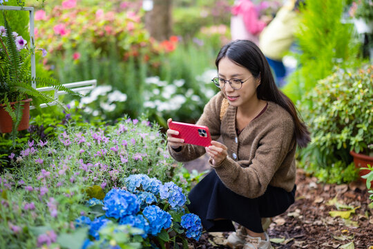 Woman take photo on cellphone in flower garden