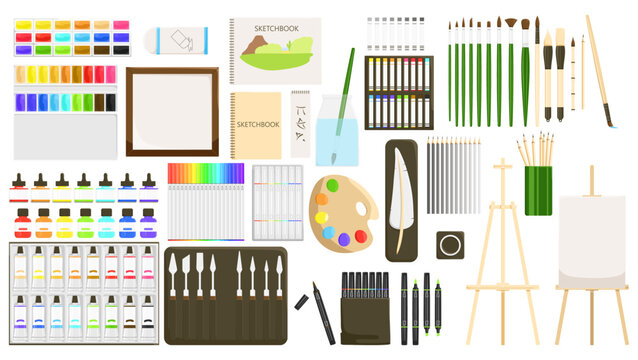 Drawing supplies set isolated on white background. Artists tools, brush kit, paint palette, painting brushes, canvas. Artistic school class, painter studio, art studying concept. Vector illustration
