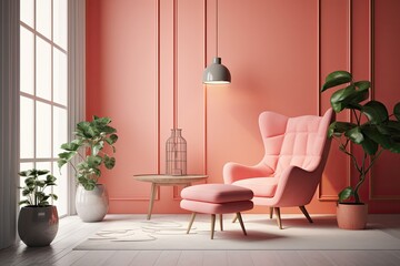 cozy living room with soft pink walls and a comfortable pink armchair. Generative AI
