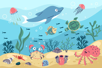 Naklejka na ściany i meble Sea bottom animal underwater ocean reef marine life concept. Vector graphic design illustration