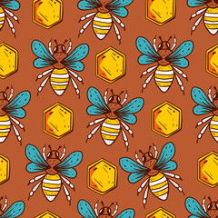 Fototapeta na wymiar Bee honey honeybee cute seamless pattern concept. Vector graphic design illustration