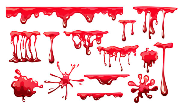 Blood drip splatter drop vampire bloodstain realistic isolated set. Vector graphic design illustration
