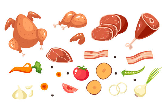 Food steak bbq grill chicken meat roast ingredients isolated set. Vector graphic design illustration
