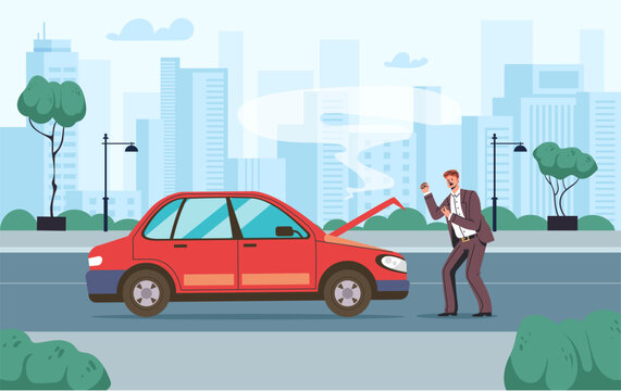 Accident car crash cartoon road insurance concept. Vector graphic design illustration