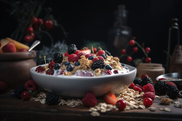 Healthy breakfast with muesli, berries and oatmeal on dark background, Generative AI