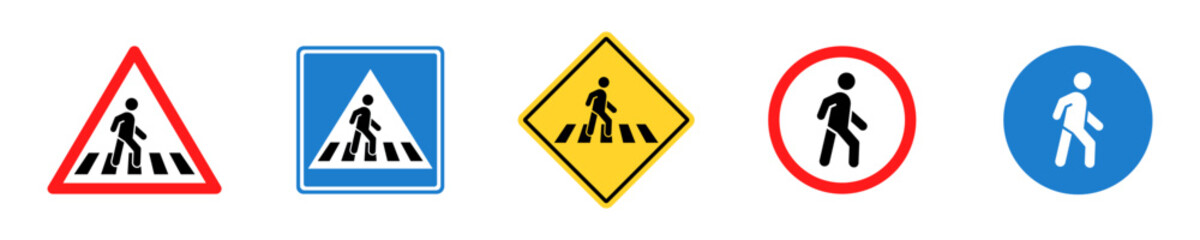 Set of pedestrian crossing vector signs. Crosswalk or zebra. Pedestrians traffic road sign. No walking. Area for crossing road. - obrazy, fototapety, plakaty