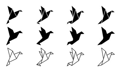Set of origami bird vector icons. Black silhouette with flying paper birds. Linear icon.