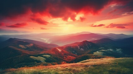 Naklejka na ściany i meble a beautiful sunset over a mountain range with a red sky. generative ai