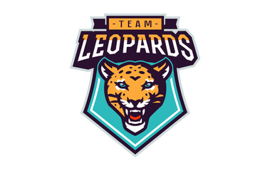 Sports logo with leopard mascot. Colorful sport emblem with leopard mascot and bold font on shield background. Logo for esport team, athletic club, college team. Isolated vector illustration