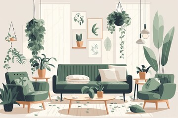 green-themed living room with plants and furniture. Generative AI