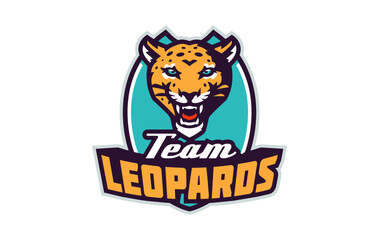Sports logo with leopard mascot. Colorful sport emblem with leopard mascot and bold font on shield background. Logo for esport team, athletic club, college team. Isolated vector illustration