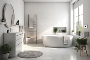 Fototapeta na wymiar modern white bathroom with a freestanding tub and a wooden ladder as a towel rack. Generative AI
