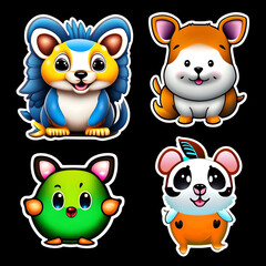 Cute animal sticker fox Porcupine dog mouse panda with outlined isolated to print. Generative AI.