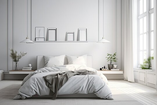 spacious white bedroom with a king-sized bed as the main focal point. Generative AI
