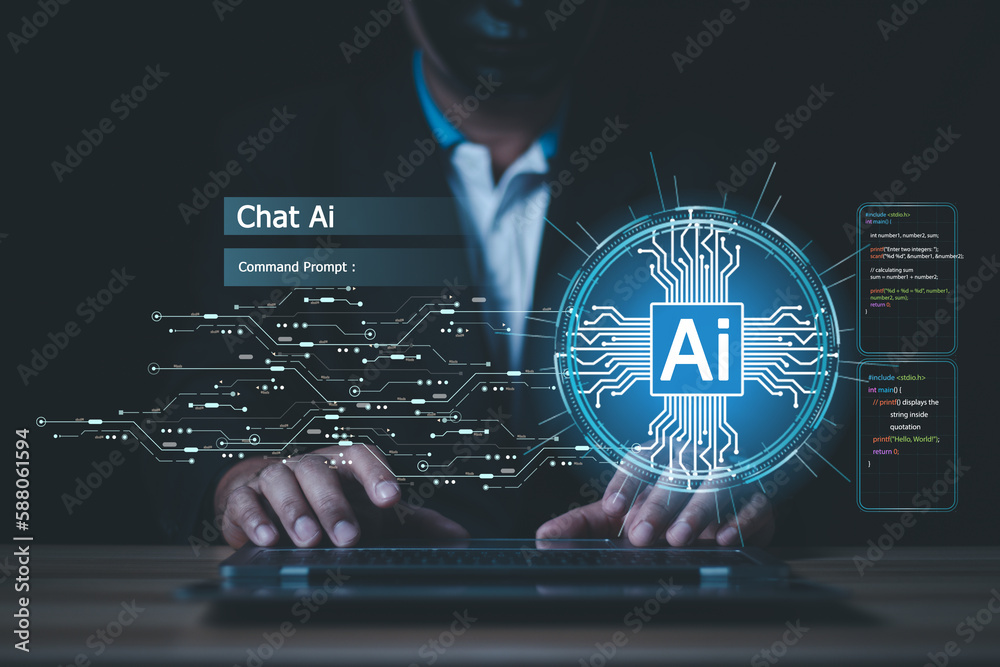 Poster businessman chat with ai, artificial intelligence. man using technology smart robot ai, artificial i