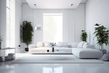 contemporary living room featuring white furniture and greenery. Generative AI