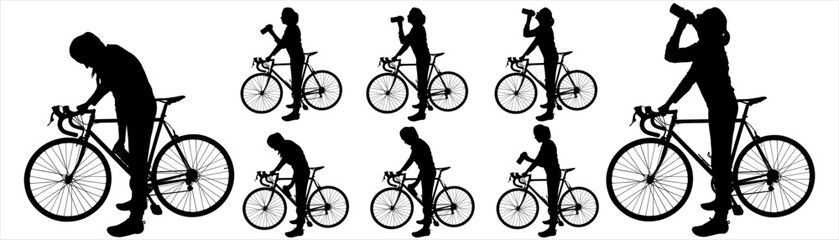 Set of silhouettes of women cyclists. A girl stands near the bike and holds a bottle of drink in her hand. Cyclist. A group of cyclists. Sport. Side view. Black color silhouette on white background