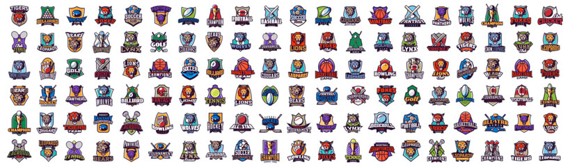 Mega set of esports and sports logos. Logo emblems for games and esports teams. Big collection of colorful wild cat and game icons. Isolated vector illustration on white background.
