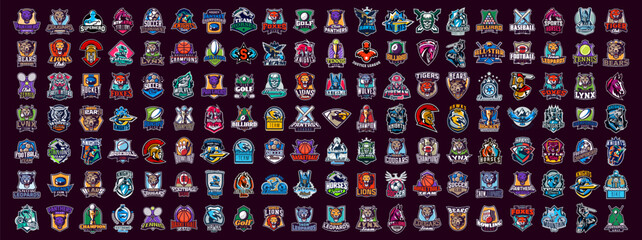Mega set of sports, esports and mascot logos for teams and gamers. Sports, esports logos with mascots wild cats, beasts, animals, eagles, warriors, soldiers, heroes, games. Emblems for team and gamers - obrazy, fototapety, plakaty
