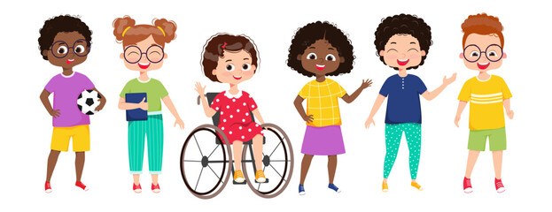 A group of multicultural kids are talking to each other. Children greet a new girl in a wheelchair, greet a new friend. The concept of inclusive education at school.