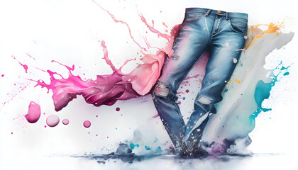 Men's jeans in watercolor splashes by Generative AI