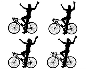 Big set of silhouettes of women cyclists. Girl on a bike. A woman rides a bike and shows a "like" gesture with her hands. Competition winner. First place. Competitions. Side view. Silhouette isolated