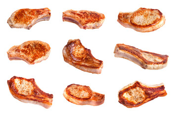 Set of delicious steaks on a white background