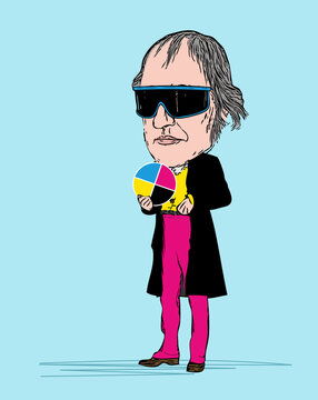 creative and modern hipster philosopher Hegel with sunglasses hold a CMYK disc on a cyan background.
