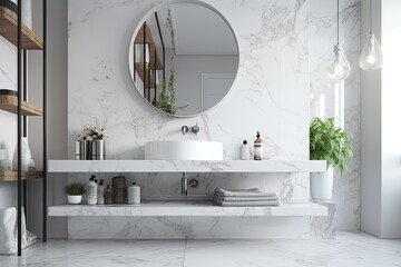 modern bathroom with a sleek marble countertop and circular mirror. Generative AI