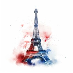 Fototapeta na wymiar watercolor drawing of Eiffel tower in Paris on white background. Generative Ai.