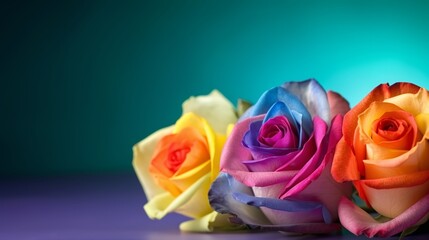 Rainbow roses in the colors of the rainbow background with empty copy space, generative AI