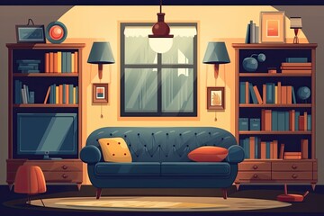 cozy living room with a comfortable couch and a bookshelf filled with books. Generative AI