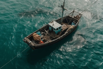 Obraz premium Small sail fishing boat on the sea or oncean viewed from above drone photography shot. Aerial fishing ship view. Ai generated