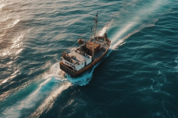 Small sail fishing boat on the sea or oncean viewed from above drone photography shot. Aerial fishing ship view. Ai generated