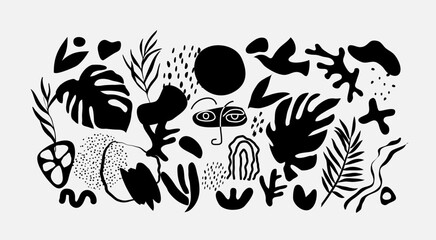 Abstract trendy doodle in silhouette style. Hand drawn various. Shapes and objects. Contemporary modern icons templates for posters, Social media. Vector