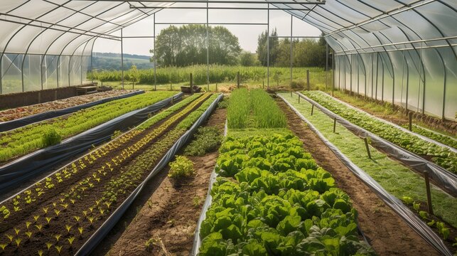 Frame of a greenhouse and fields with growing vegetables, generative AI