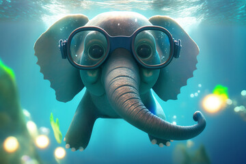 Fototapeta na wymiar Adorable Little Elephant Dives Underwater with a Snorkel Mask