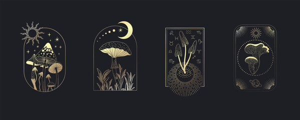 Set of logo with various mystical mushrooms. Hippie magic boho cards. Psychedelic vector illustration. Magic and boho texture. Hand drawn style © merfin