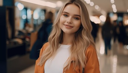 Obraz premium Photo of a smiling young woman with shopping bags in the shopping mall. Generative AI
