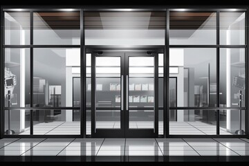 Illustration of an empty modern room with glass doors and tiled floors. Generative AI