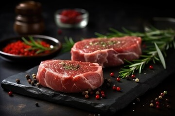 Raw fillet meat on black board with pepper seasoning and green rosemary. Generative AI