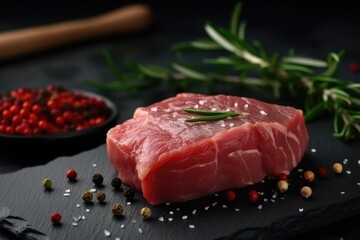Raw fillet meat on black board with pepper seasoning and green rosemary. Generative AI